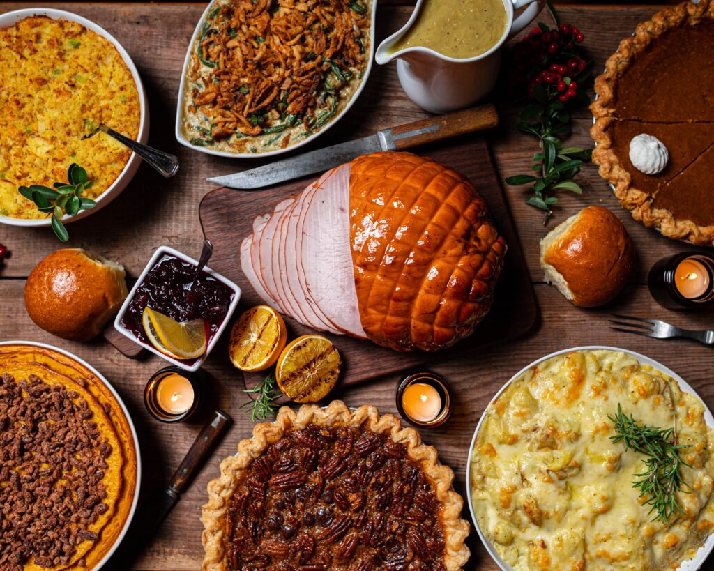 a table full of thanksgiving food